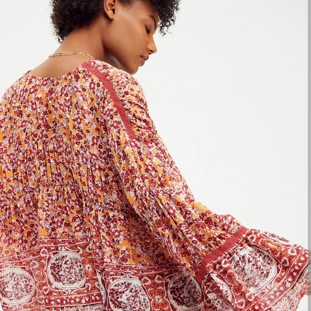 Free People Lorraine Tier Kimono Bohemian Print tie-Front Top Cardi Rust Lace L - Picture 10 of 12